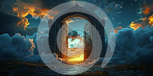 Two dark gothic doors, one door is open and the other closed with clouds in it, sky background, concept of heaven or hell