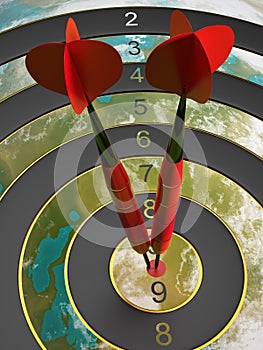 Two darts hitting the bullseye aim. concept of success 3d illustration