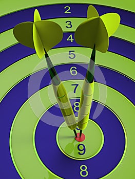 Two darts hitting the bullseye aim. concept of success 3d illustration