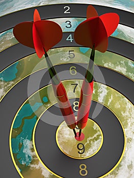 Two darts hitting the bullseye aim. concept of success 3d illustration