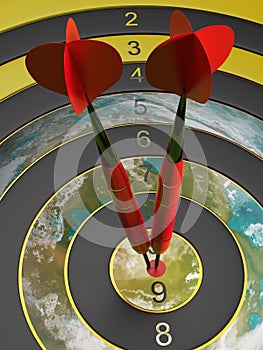 Two darts hitting the bullseye aim. concept of success 3d illustration