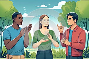 Two deaf and mute guys and a girl communicate in sign language in the park