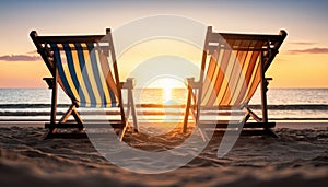 Two deck chairs on a sandy beach at sunset. Generative AI