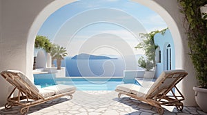 Two deck chairs on terrace with pool with stunning sea view. Traditional Mediterranean white architecture with arch