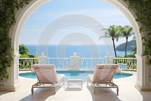 Two deck chairs on terrace with pool with stunning sea view. Traditional mediterranean white architecture with arch. Summer