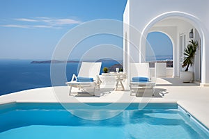 Two deck chairs on terrace with pool with stunning sea view. Traditional mediterranean white architecture with arch. Summer