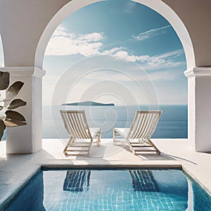 Two deck chairs on terrace with pool with stunning sea view. Traditional mediterranean white architecture with arch. Summer