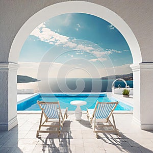 Two deck chairs on terrace with pool with stunning sea view. Traditional mediterranean white architecture with arch. Summer