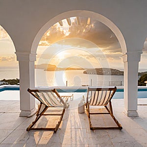 Two deck chairs on terrace with pool with stunning sea view. Traditional mediterranean white architecture with arch. Summer