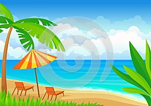 Two deck chairs under an umbrella on the beach. Vector illustration on white background.