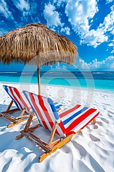 Two deck chairs under an umbrella on a sandy beach