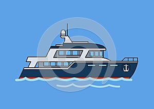 Two-deck ship, double-decker. Flat vector illustration. Isolated on blue background.