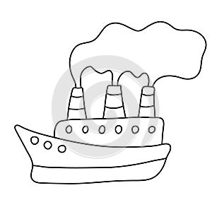 Two-deck ship with steam from the pipes. Hand drawn vector illustration in doodle style