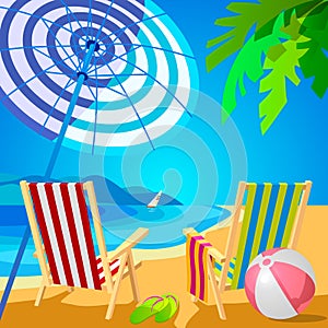 Two deckchairs on a tropical beach. Slippers and ball. Poster in the Art Deco