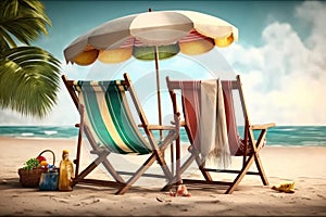 Two deckchairs and umbrella on the sandy beach