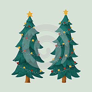 Two decorated Christmas trees illustration