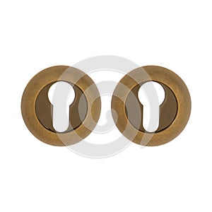 Two decorative glossy covers of a round shape for a lock cylinder of a coffee color