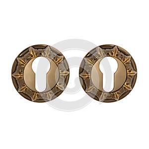 Two decorative glossy round cover plates for a coffee-colored door lock