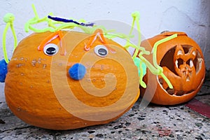 Two decorative halloween pumpkins, carved one on the right shaped like a bat, full with plastic fluffy srings as eyebrow