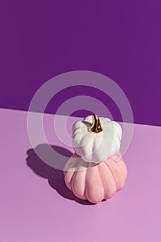 Two decorative pumpkins on lilac and purple background in hard light with copy space