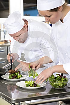 Two dedicated chefs prepares steak dish at gourmet restaurant