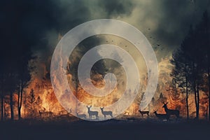 Two deer stand alert in front of a blazing fire, symbols of animals fleeing from a dangerous forest fire