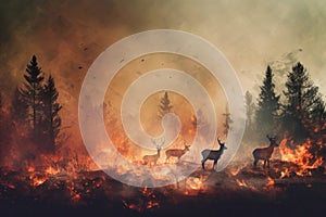 Two deer stand alert in front of a blazing fire, symbols of animals fleeing from a dangerous forest fire