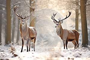 Two deer stand on the edge of a winter forest and survive the winter.Deer in the national park in the forest. Generative AI