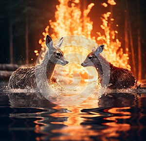 two deer stand in the water against the backdrop of fire