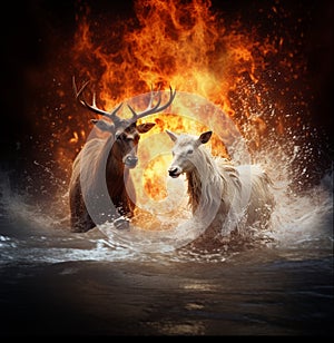 two deer stand in the water against the background of fire