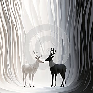 two deer standing in front of a black and white background