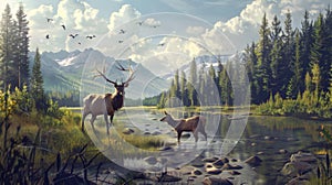 Two Deer by Stream Painting