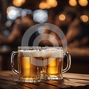 Two delicious beer mugs pair on a wooden table in a busy bar