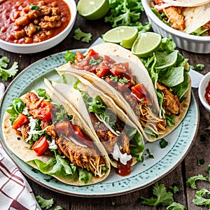Two delicious chicken tacos filled with crispy fried chicken, fresh lettuce, and drizzled with savory tomato sauce. The tacos are