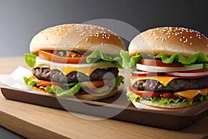 Two delicious juicy cheeseburgers with lettuce tomatoes and cheese with sesame buns on the table fast food industry theme