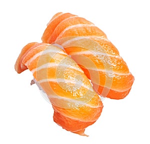 Two delicious salmon nigiris over isolated white background