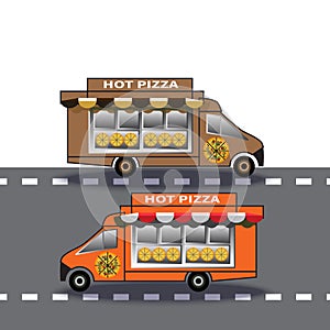 Two delivery truck pizzas drive down the highway