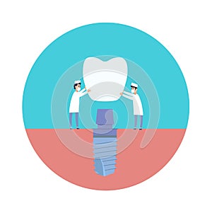 Two dentists perform dental implantation: install the implant on the abutment. Vector illustration, in a flat style photo