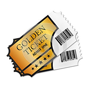 Two designed retro Golden Tickets close up top view isolated on white background. Vector illustration. photo