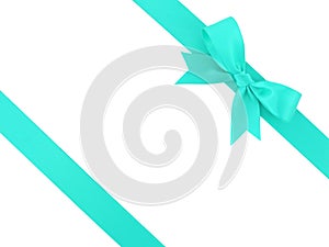 Two diagonal turquoise ribbon with bow isolated on white background
