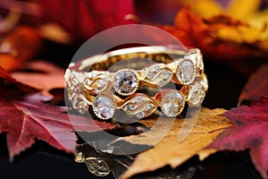 two diamond-encrusted wedding bands on a stone with fall leaves around