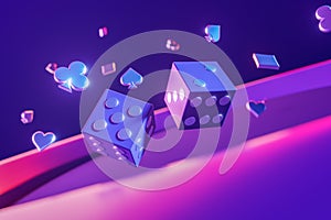 Two dice with card suits icons floating on a neon-lit background