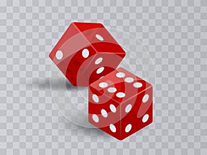 Two dice casino gambling. Red poker cubes vector isolated on transparent background.