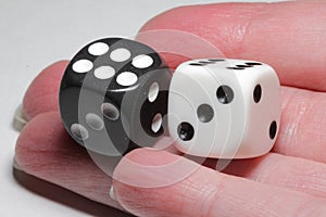 Two dice in hand on a white background. White and black dice in hand on a white background.