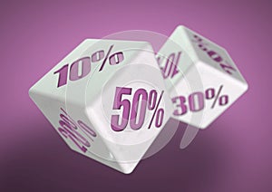 Two dice rolling. Percentage savings on each face. Discount, deal, black friday, sale, special prices!