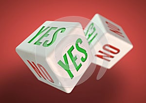Two dice rolling. Yes no on faces of dice. Concept for making a decision.