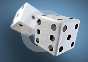 Two die (dice) captured rolling in mid air. Throwing dice in casino, board game