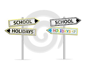 Two different design of road signs School Holidays isolated on white