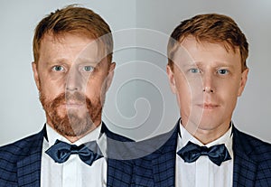 Two different photos of the same ginger bearded man in different ages. Growing up and eldering concept. Portrait of man