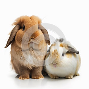 Two different rabbits isolated on white background close-up, cute pets,